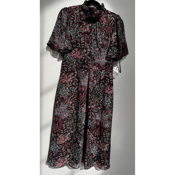 Julia Jordan Dark Floral Dress 4 Flutter Sleeve A-Line Romantic Cottagecore Midi - Picture 15 of 16